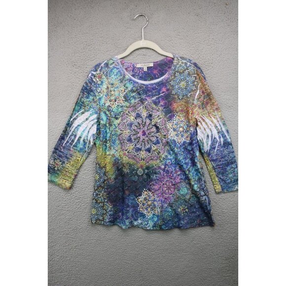Jess & Jane 3/4 Sleeve Layered Mandala Colorful Top-Size Small-Wearable Art - Picture 1 of 11